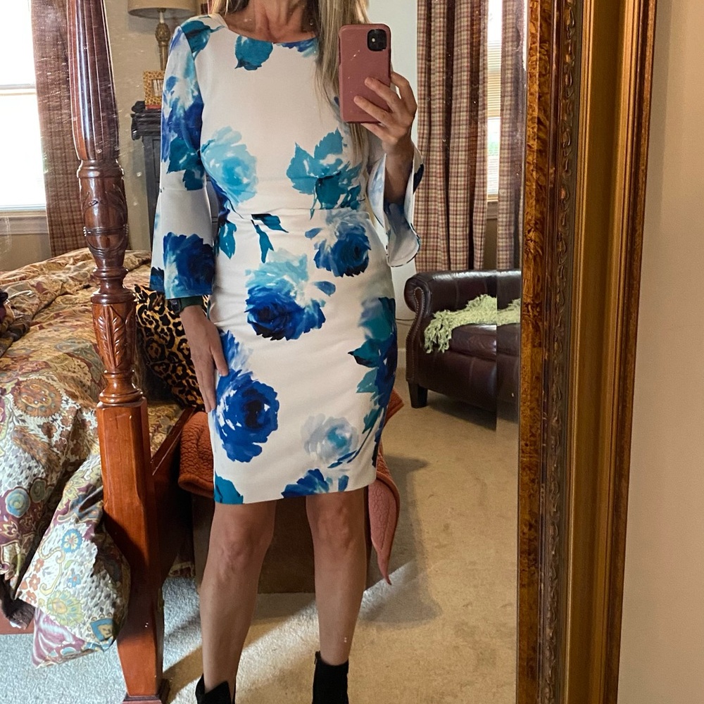 Calvin Klein White Midi Dress with Blue Floral Print